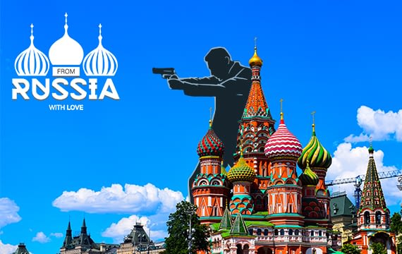 Kathedraal van de Voorbede van de Moeder Gods met From Russia with love logo